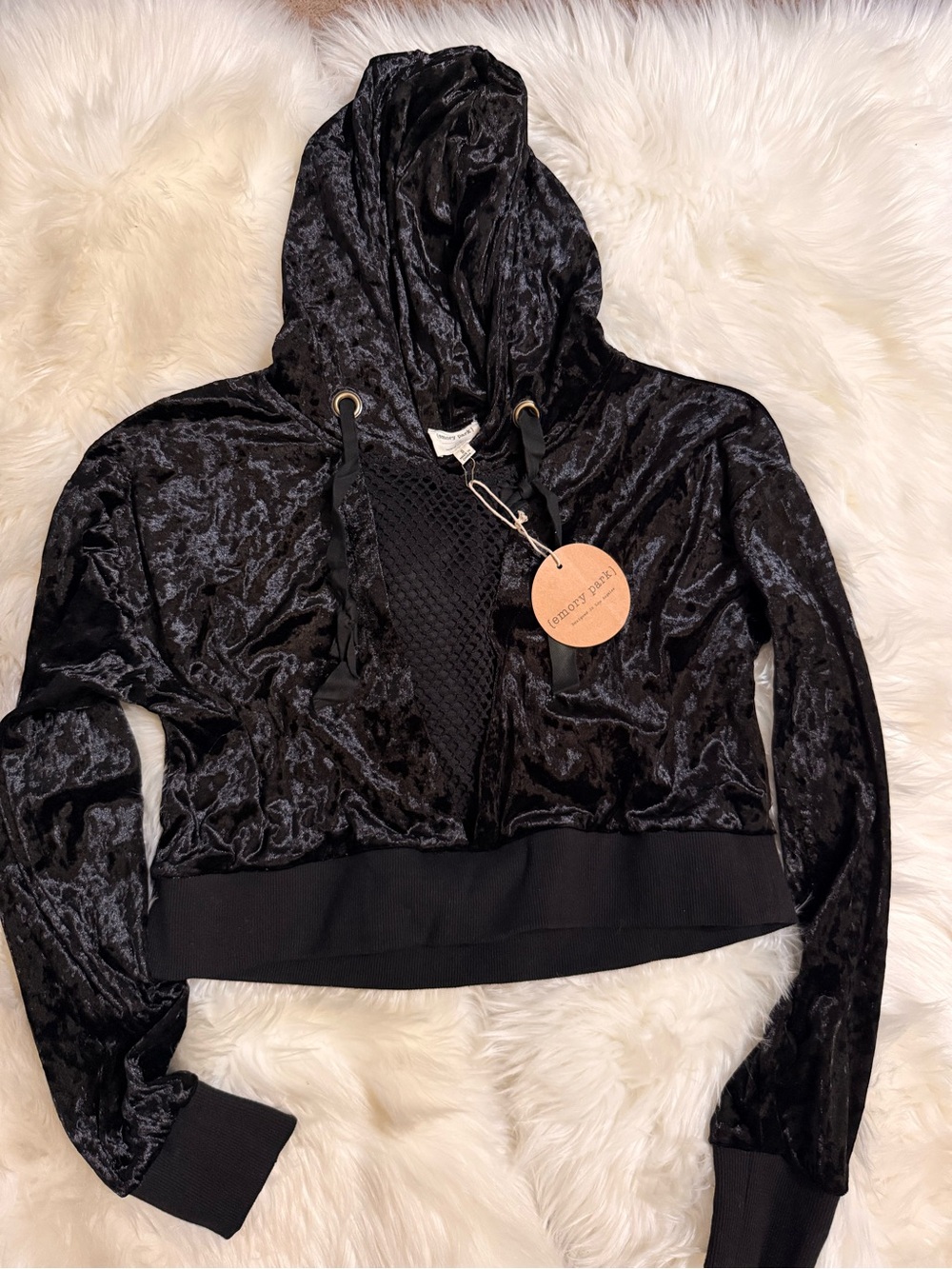 emory park Black Velvet Hooded Crop Jacket